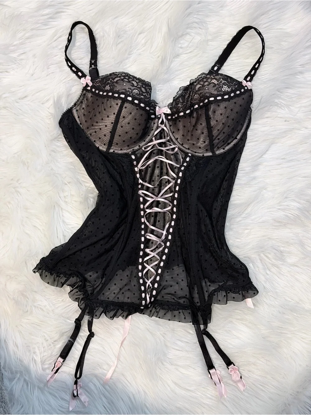 Y2K Coquette Mesh Lace-Up Corset Basque Top Black Pink No Size Tag Fits S